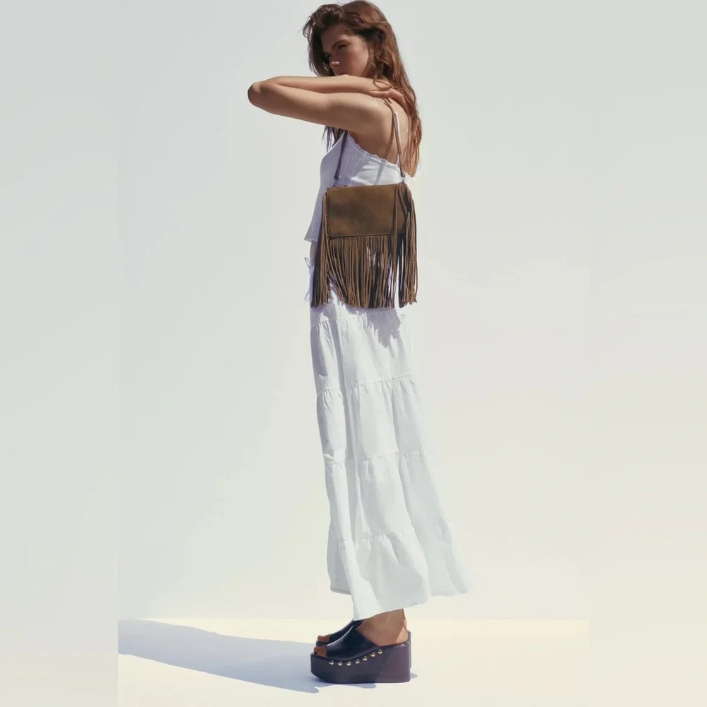 ZARA Leather Fringed Crossbody Bag - Brown